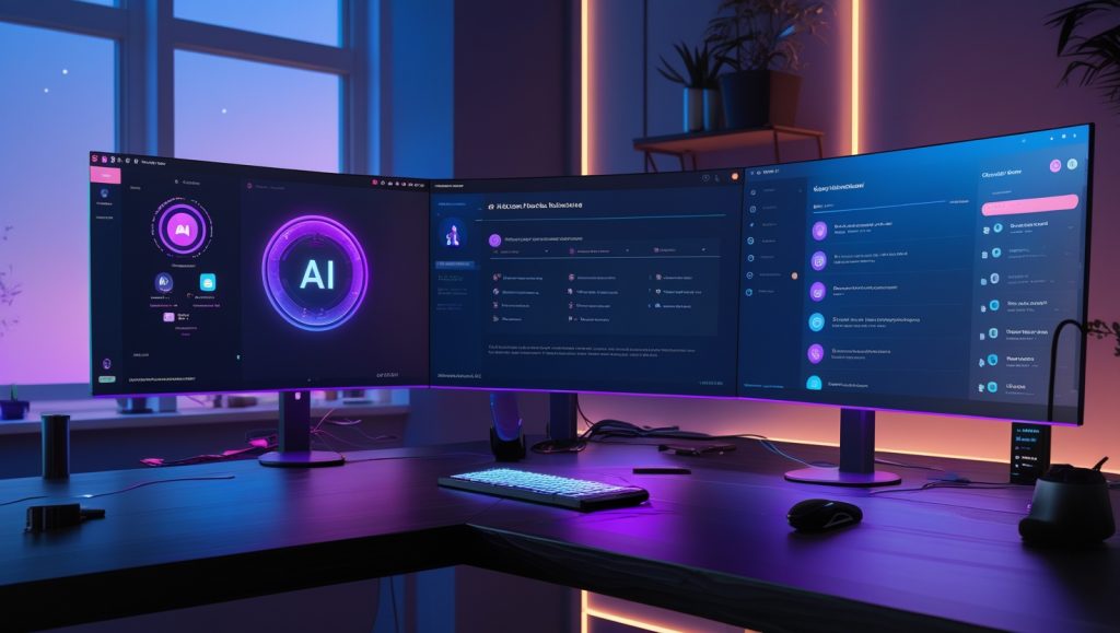 High-end gaming setup with dual monitors, dark wood desk, RGB lighting in red and blue-purple, mechanical keyboard, gaming mouse, and browser CPU & RAM control interface on screen for optimising gaming performance