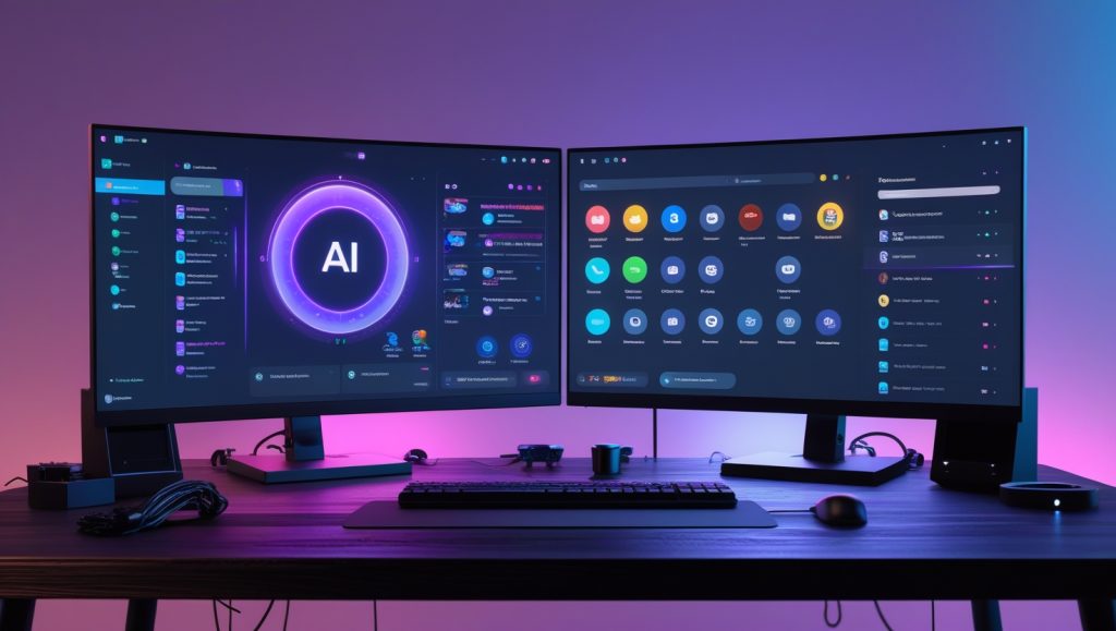 Professional dual-monitor workspace with dark wood desk, blue and purple ambient lighting, AI productivity dashboard, sidebar calendar and chat apps, browser CPU & RAM resource management interface for optimal productivity in 2025.
