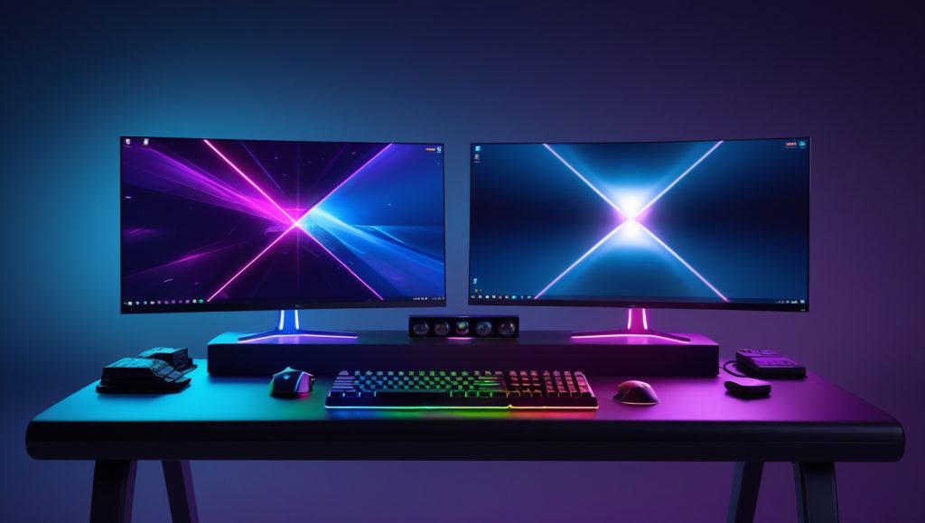 High-end gaming setup with dual monitors, dark wood desk, RGB red and blue-purple lighting, browser resource management interface on screen, optimised for gaming performance