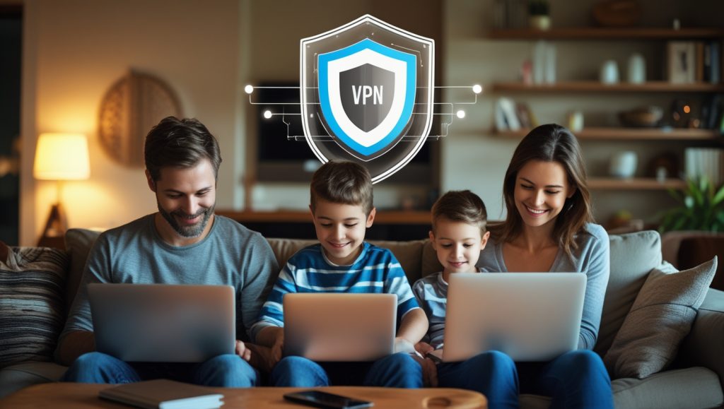 Family browsing the internet safely under VPN protection
